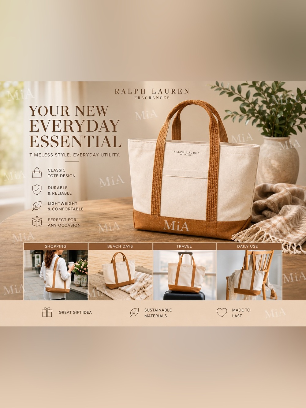 Ralph Lauren Fragrance Tote Bag / Beach Bag / Travel bag (Beige Brown Canvas)